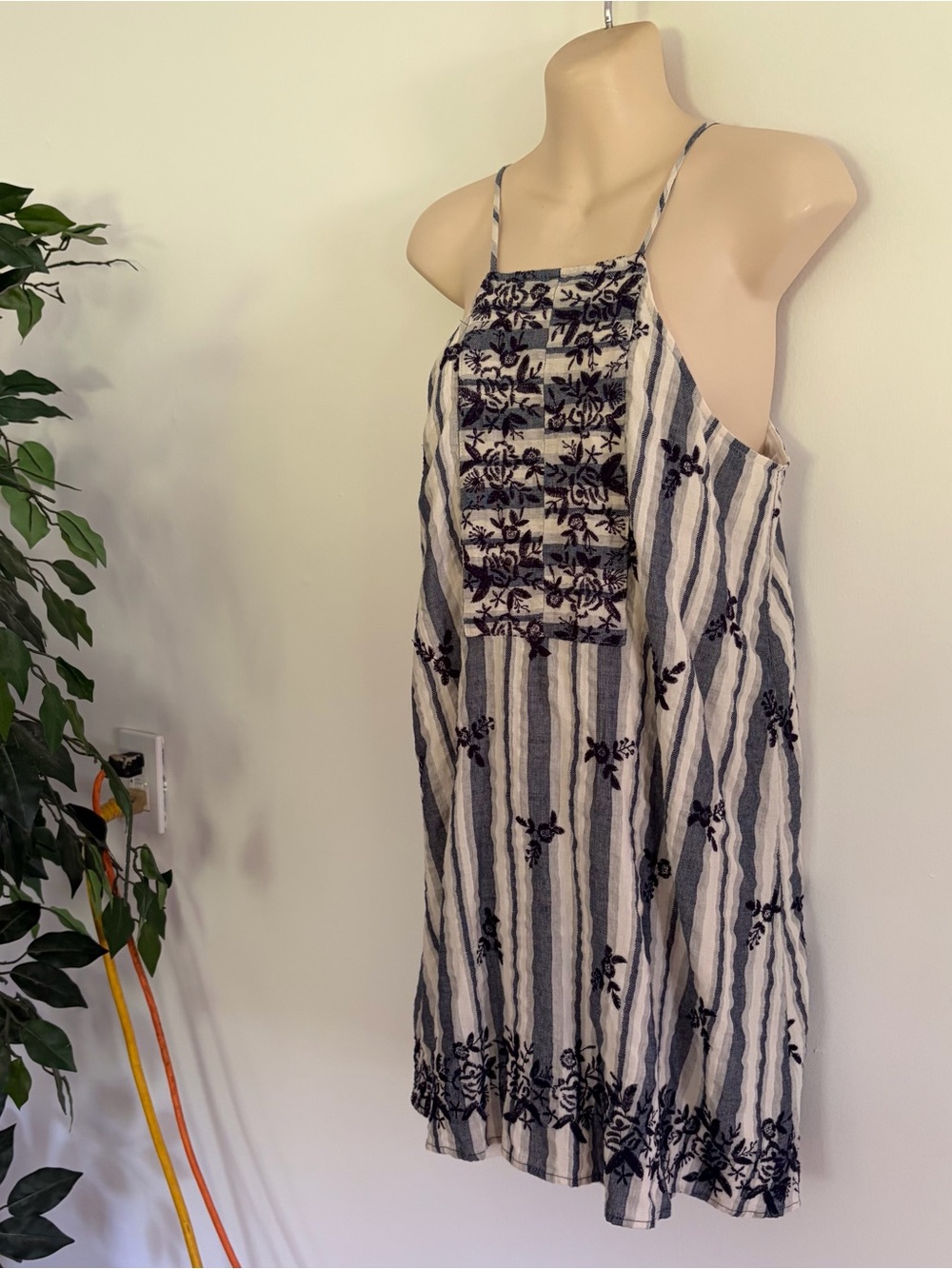 MI AMI Striped Embroidered Floral Boho Halter Neck Sundress Navy Blue White